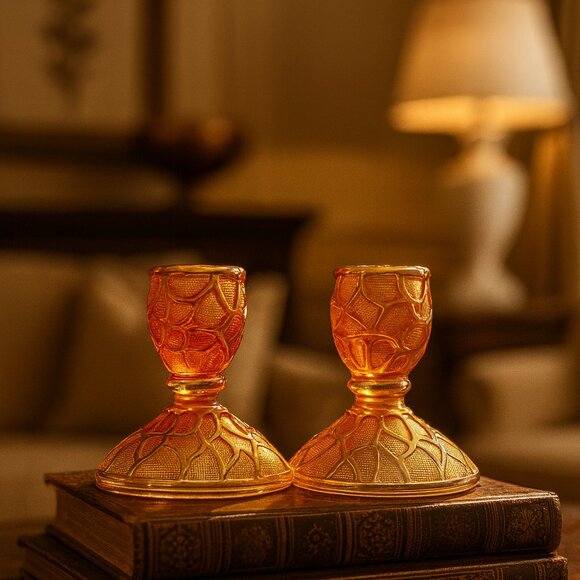 Vintage Imperial Glass Tree of Life Candlesticks Set  Iridescent Marigold - Picture 1 of 7